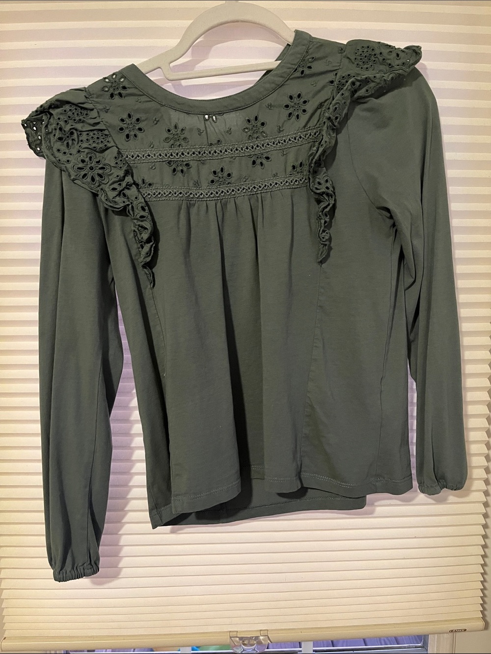 J. Crew Olive Eyelet Ruffle Long-Sleeve Top